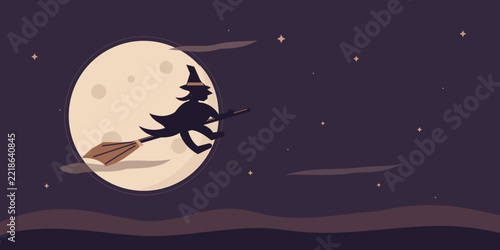 Flying witch and moon in a minimal Halloween night sky