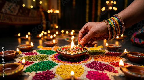 Diwali celebration: Hand lighting diyas on colorful rangoli, festive lights background