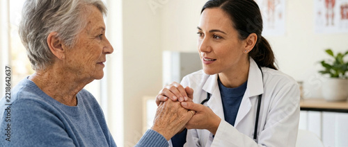 Doctor comforting elderly patient with hands, showing care and empathy in clinic