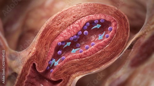 Medical illustration showing blood cells passing through a blood vessel wall