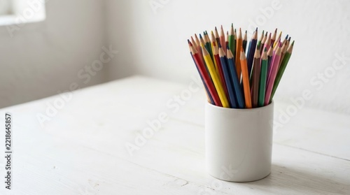 colorful pencils in a white cup on a wooden table