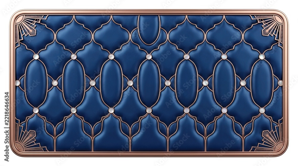 Naklejka premium Luxury Blue Tufted Upholstery with Art Deco Gold Trim and Pearl Accents - Elegant Background Pattern