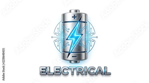 Electric Battery Symbol with Lightning Bolt and Circuit Board Design.