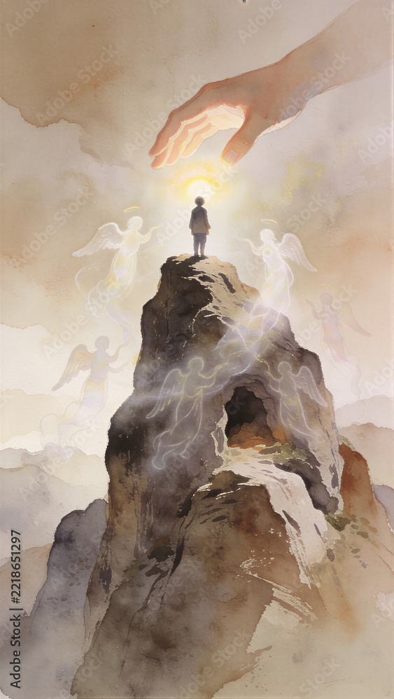 Fototapeta premium Child standing on rocky peak beneath a giant hand among angels. Biblical parable and Christian spiritual allegory. Divine protection, faith and salvation concept.