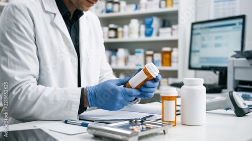 Pharmacist checking medicine bottles at a pharmacy worktable