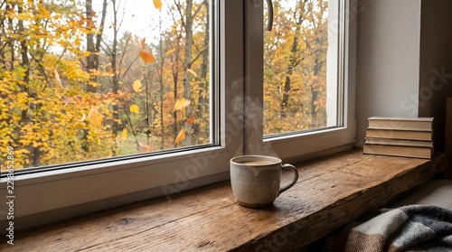 Cup of steaming coffee placed on a rustic wooden sill next to books and a blanket with autumn trees outside.