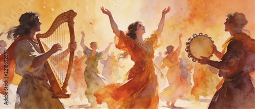 Miriam dances with tambourine as women celebrate the Exodus. Moses sister leads song and praise after crossing the Red Sea. Old Testament story. Biblical illustration and worship