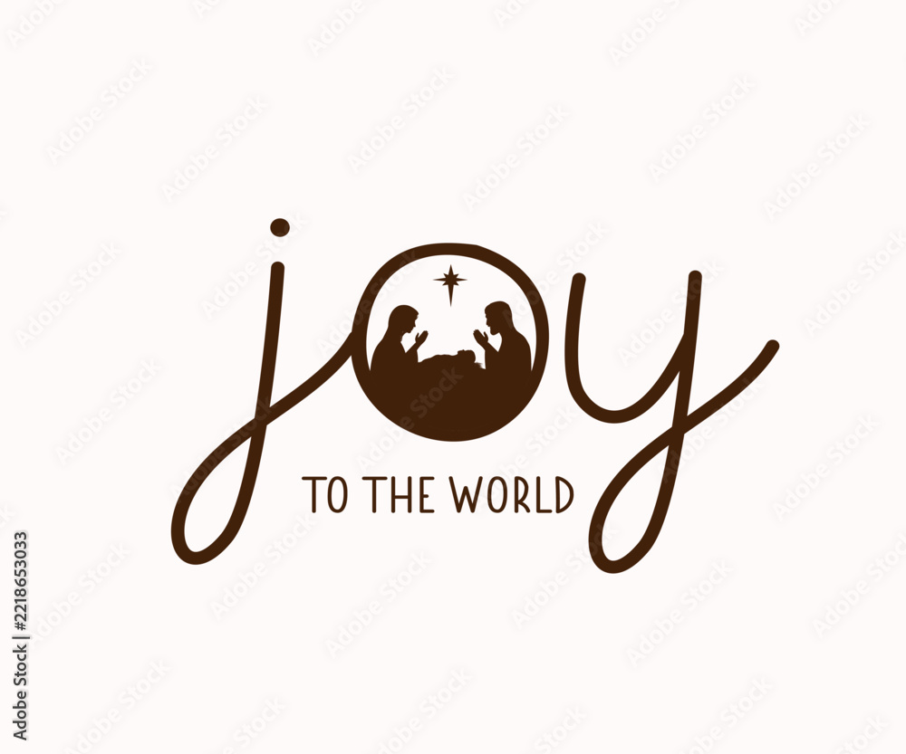 Fototapeta premium JOY to the world, Christmas design with Nativity scene silhouettes. Mary, Joseph and baby Jesus in a manger and text 
