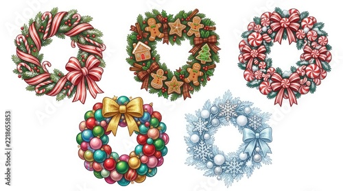 A vibrant assortment of christmas wreaths in a range of different colors and decorative styles