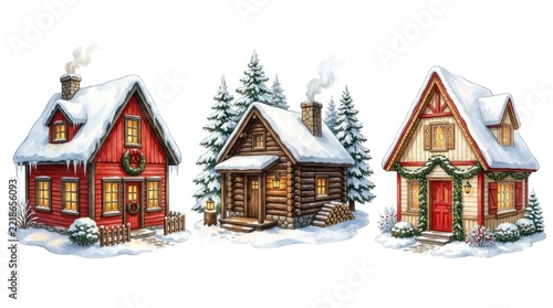Charming winter cottages covered in snow with smoke rising from chimneys