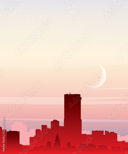 Red portrait orientated panoramic poster of the city skyline with misty background buildings, sunrise, moon and clouds of LOS ANGELES, UNITED STATES