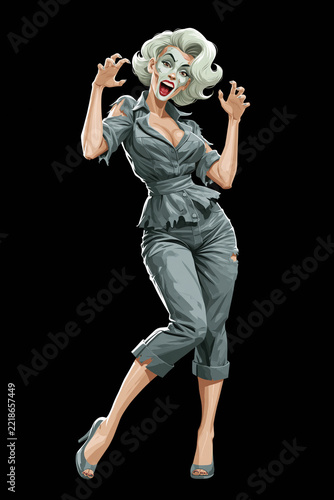 Woman with green zombie face paint in torn dress raising claws, vintage comic-style pin-up illustration