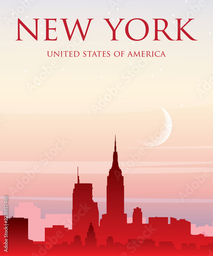 Red portrait orientated panoramic poster of the city skyline with misty background buildings, sunrise, moon and clouds of NEW YORK, UNITED STATES