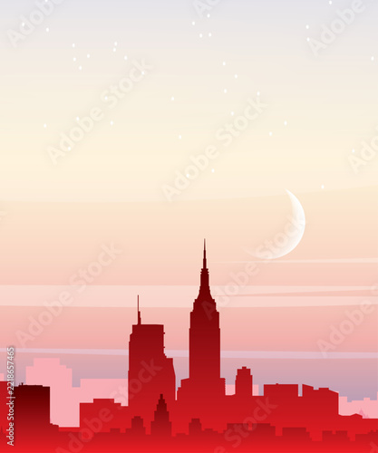 Red portrait orientated panoramic poster of the city skyline with misty background buildings, sunrise, moon and clouds of NEW YORK, UNITED STATES