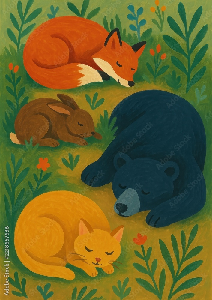 Fototapeta premium Whimsical animals sleeping peacefully.
