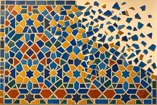 Multicolored broken tile fragments abstract background