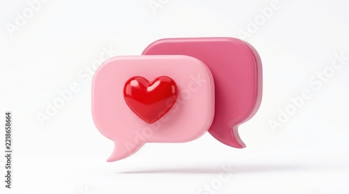 3d rendering of pink speech bubbles with a red heart icon isolated on white background
