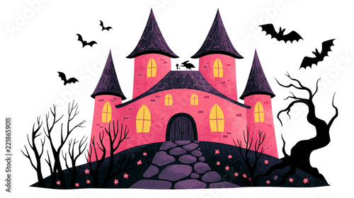 Pink spooky haunted castle with dark towers and flying bats in a creepy forest
