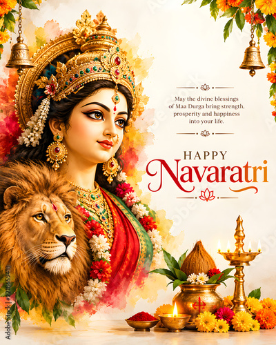 Painting of goddess durga with lion for happy navaratri religious festival greeting durga puja hindu festival indian culture durga maa