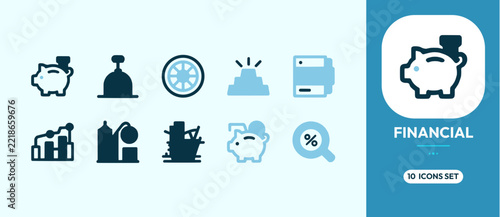 Financial piggy bank icons set with growth chart illustration