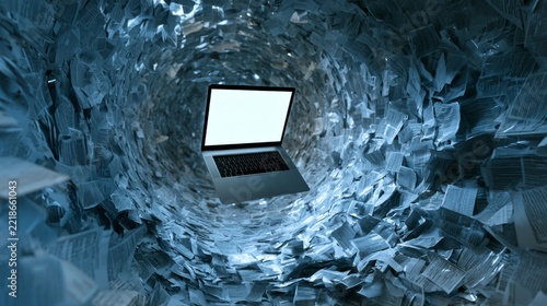 Laptop floating inside an endless tunnel of digital documents, representing information overload, data management challenges, digital transformation, document processing, online information flow, busi