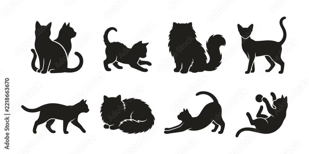 Obraz premium Set of black cat silhouettes in various poses including sitting