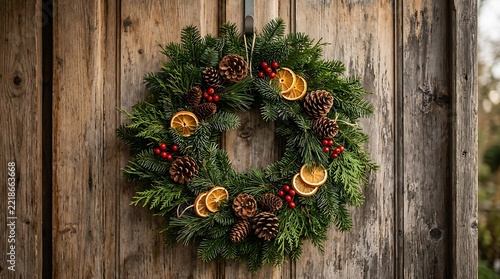 Rustic Christmas Wreath Decorated with Dried Oranges and Pine Cones on a Wooden Door.