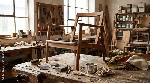 Unfinished wooden chair frame in a professional woodworking workshop.