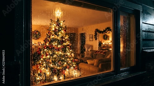 View through a window of a cozy living room decorated for Christmas.