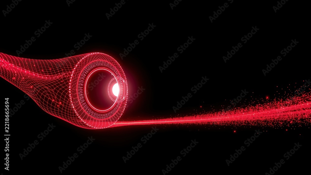 Fototapeta premium Red glowing tunnel, digital network. Lines converge toward bright point, creating futuristic effect. Dark background emphasizes light intensity.