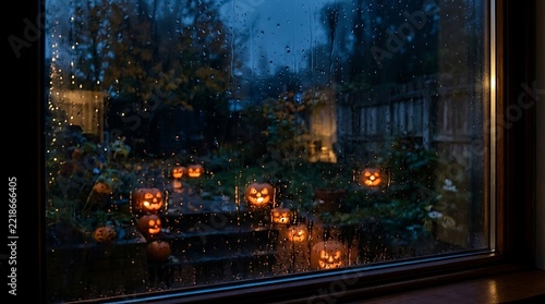 Many glowing jack o lanterns in a dark backyard garden seen through a window.