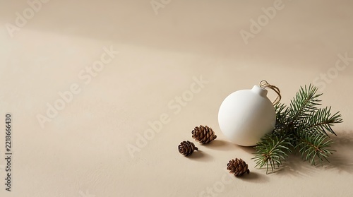 Minimalist Christmas decoration with white bauble and pine branches.