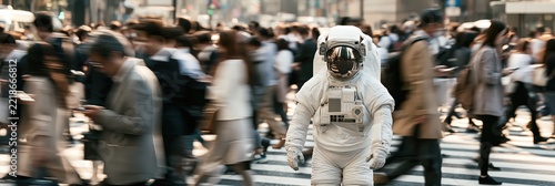 Astronaut Standing Amid Blurred Crowd Crossing City Street, Copy Space