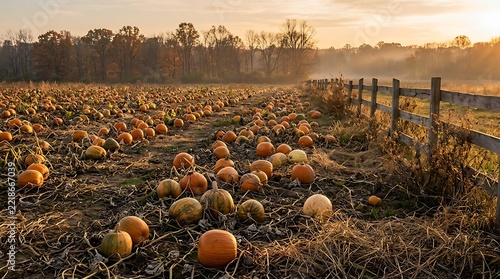 Vibrant Pumpkin Patch at Sunset on a Rural Farm.