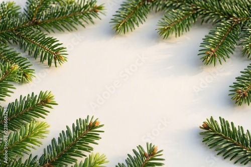 Natural frame made of fresh green pine branches on a white background for Christmas and New Year
