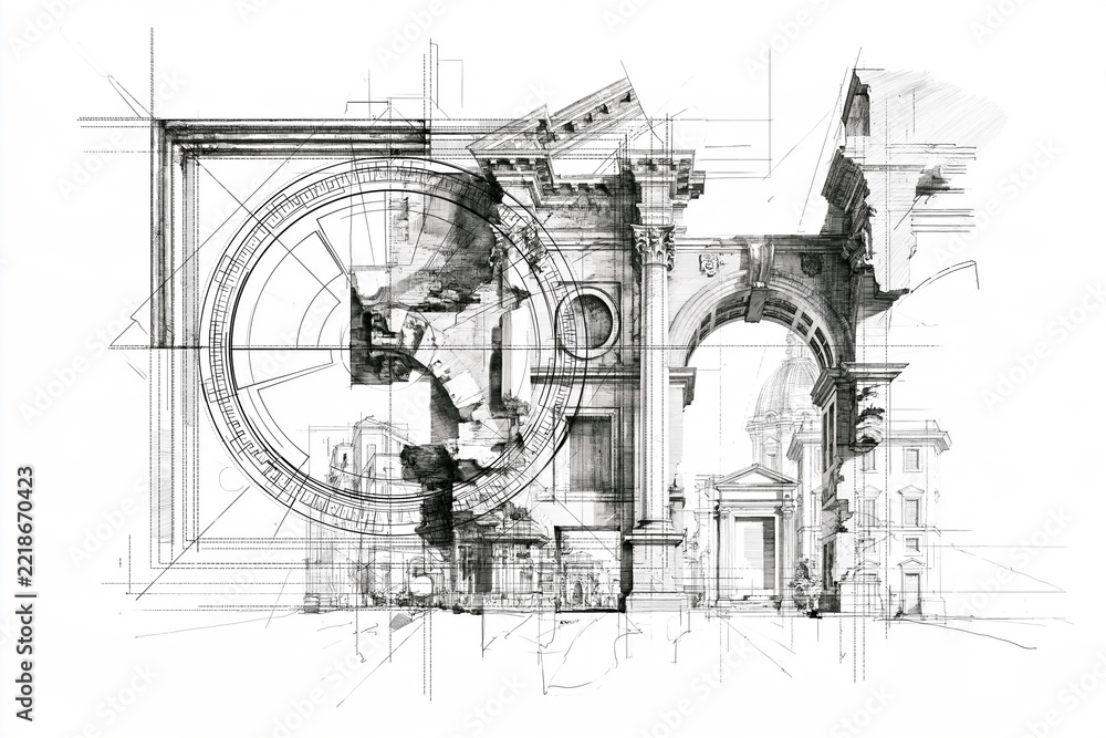 Naklejka premium Architectural drawing layering classical structures, arches, and columns with technical drawing lines and a circular design element, depicting planning