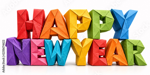 Colorful Origami Paper Letters Spelling Happy New Year Greeting on White Background