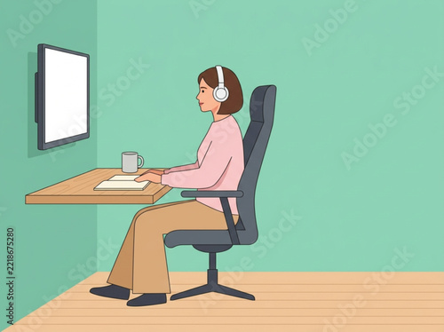 Young woman wearing headphones working on a laptop at a desk in a home office