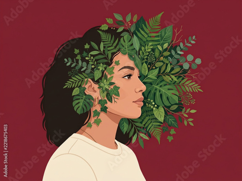 Young woman with green leaves in her hair isolated on a white background
