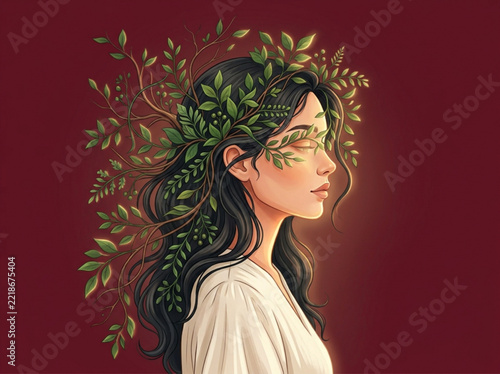 Stylized woman portrait with botanical hair elements and floral leaves illustration