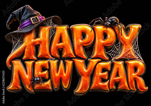 Spooky 'Happy New Year' graphic with a Halloween twist, featuring orange lettering, a witch's hat, a creepy spider, and intricate spiderwebs. Perfect for unique festive celebrations