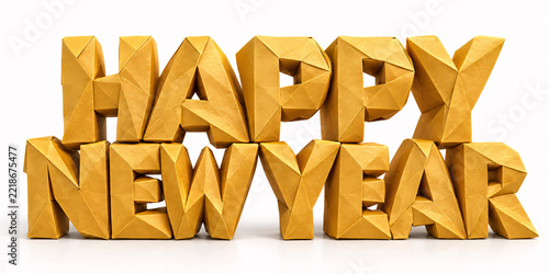 Bright and festive 3D golden 'Happy New Year' message with modern geometric typography, symbolizing a hopeful and joyous start to the upcoming year