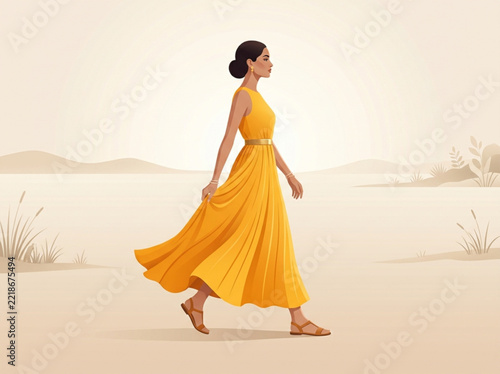 Elegant woman in a flowing yellow gown walking gracefully on a white background
