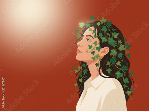 Young woman looking up surrounded by lush green ivy leaves in a natural setting