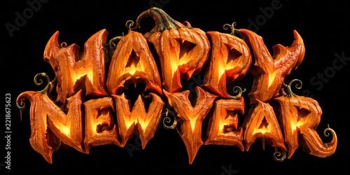 Happy New Year illuminated pumpkin font with glowing spooky embers, creating a festive and ominous atmosphere