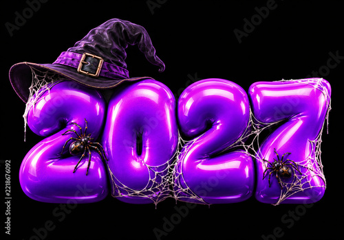 Purple 2027 Halloween Number Balloons with Spooky Witch Hat and Cobwebs for Holiday Party Background Illustration