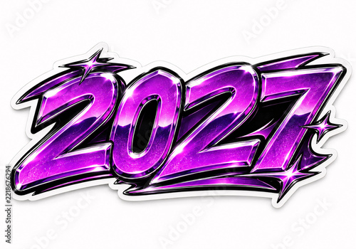 Bold and vibrant 2027 year text, shimmering in a futuristic purple metallic style with sparkling stars, ideal for modern new year celebrations and upcoming events