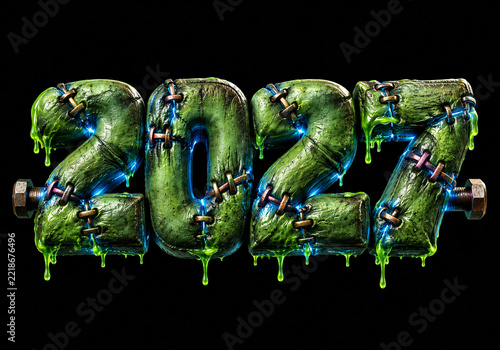 Halloween 2027 spooky glowing green Frankenstein-inspired numbers dripping slime on black background