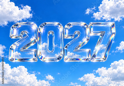 Sparkling transparent 3D glass number 2027 floating in a bright blue sunny sky with white clouds for New Year celebration and future concept