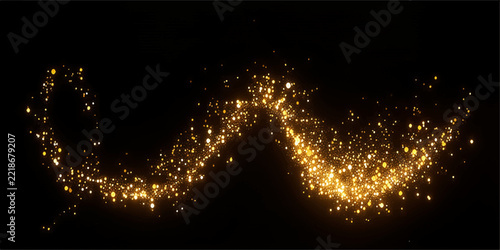 Golden particles swirl in a magical, luminous wave against a dark background, creating a sense of enchantment and wonder.